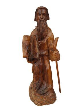 Vintage Hand-Carved Wooden Moses Sculpture Ten Commandments & Staff Folk Art